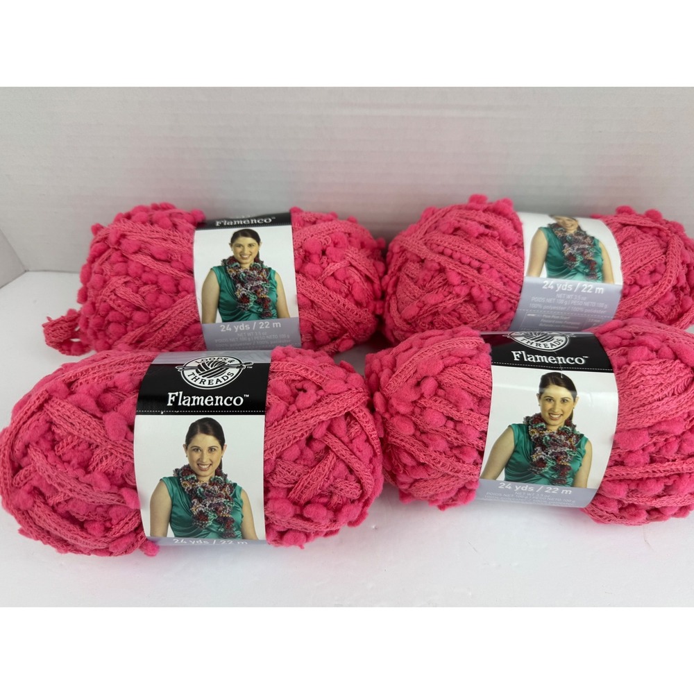 Loops & Threads Flamenco Yarn Hot Pink A108 Pom-Pom Scarf 4 Skeins Lot 2041